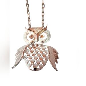 Vintage Owl Pendant Necklace in Gold and Silver, White Articulated